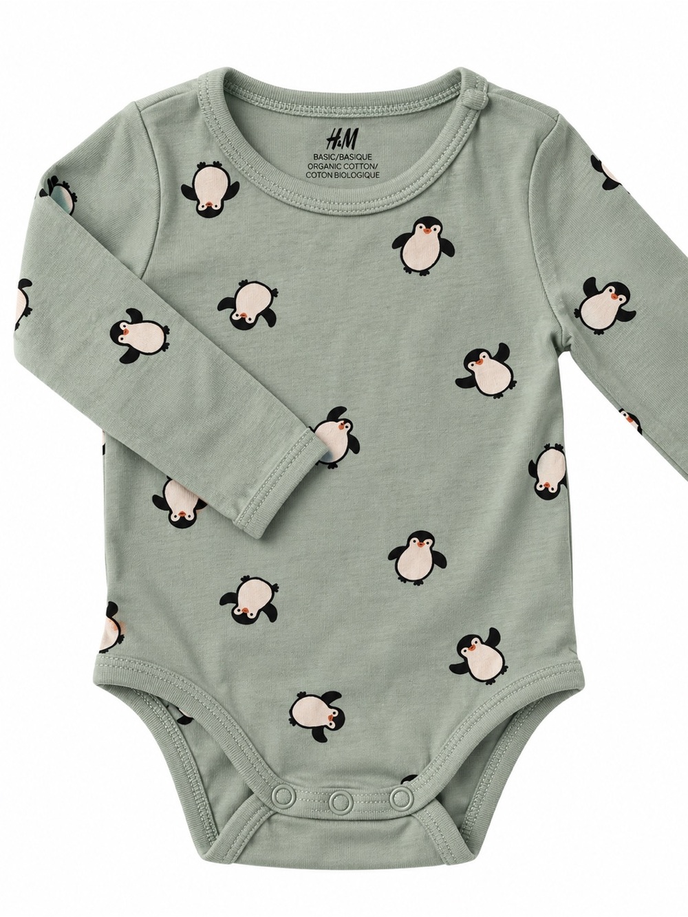 H&M Sage Green Penguin Print Long-Sleeve Baby Bodysuit